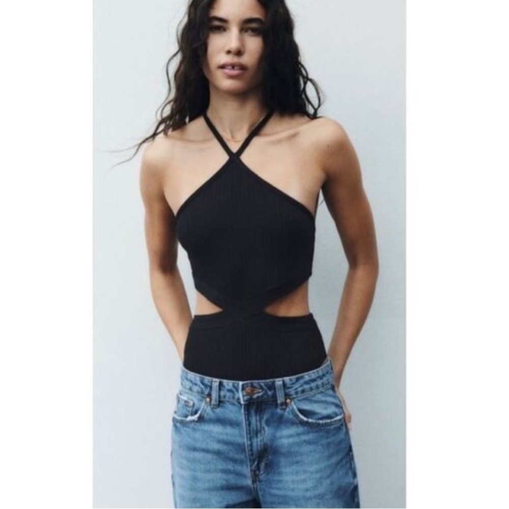 Zara Ribbed Cutout Bodysuit Halter Backless Open Back Black Women’s Size Large